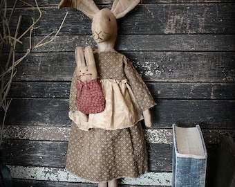 PATTERN Primitive Easter Folk Art Mama Bunny Rabbit and Baby Doll E-Pattern