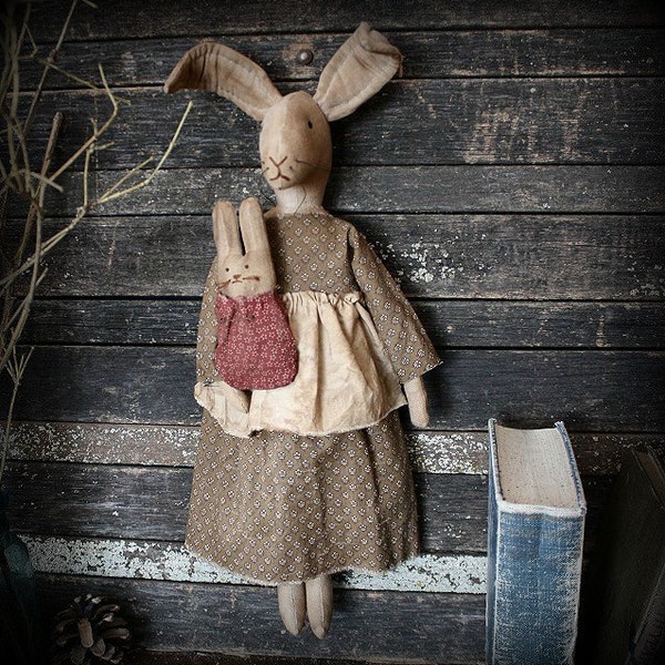 PATTERN Primitive Easter Folk Art Mama Bunny Rabbit and Baby Doll E-Pattern