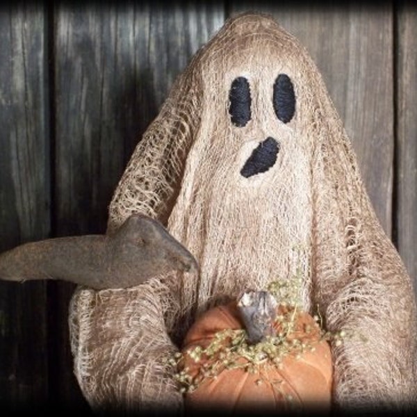 Primitive Halloween Ghost Make Do Doll with Crows, Pumpkins E-PATTERN