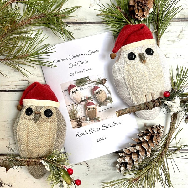 PATTERN Digital PDF Sewing Pattern, Primitive Christmas Santa Owl Ornie PATTERN