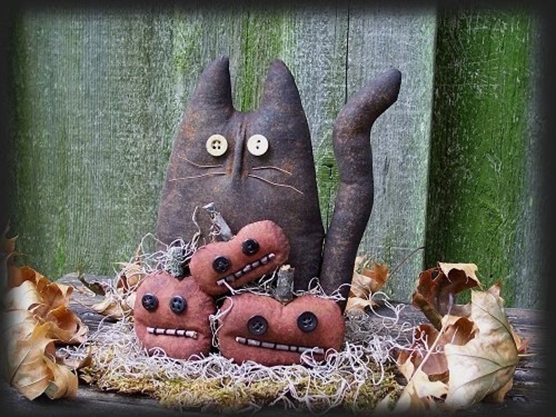 PATTERN Primitive Halloween, Black Cat and Pumpkins Doll E-PATTERN, Halloween Pattern, Fall Decor image 1