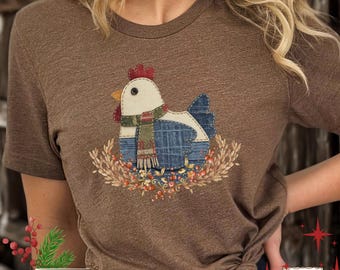 Faux Patchwork Chicken Christmas Shirt| Rustic Farmhouse Winter Hen Tee