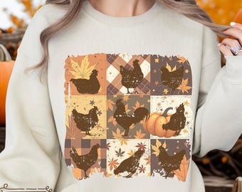 Boho Farmhouse Chicken Sweatshirt: Rustic Autumn Patchwork Crewneck