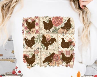 Boho Chicken Patchwork Sweatshirt: Rustic Farmhouse Crewneck Pullover