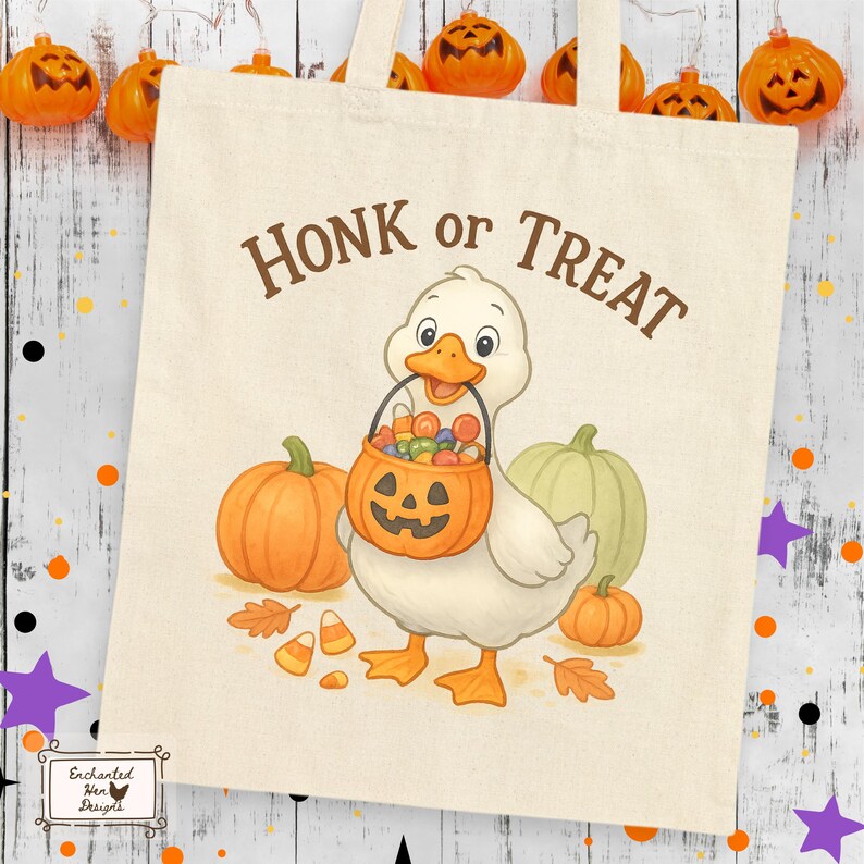 May include: A cream-colored tote bag with the text "HONK or TREAT" and a cartoon duck holding a jack-o'-lantern bucket filled with candy. Orange pumpkins and fall leaves are also featured in the design, perfect for Halloween.
