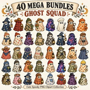 Puede incluir: Una colección gráfica digital titulada 40 MEGA BUNDLES GHOST SQUAD Cute Spooky PNG Clipart Collection que presenta cuarenta ilustraciones individuales de fantasmas con varios sombreros, bufandas y sosteniendo objetos como linternas, libros y flores.