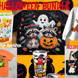Puede incluir: Un paquete de Halloween con seis diseños digitales en ropa y recipientes. Los artículos incluyen una camiseta negra con mapaches y un fantasma, una sudadera blanca con sombrero de bruja, una camiseta naranja con calabaza y una bolsa de tela.