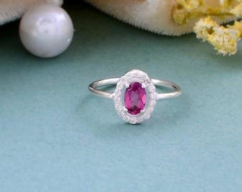 Oval Ruby Halo Ring, 925 Sterling Silver, Elegant Engagement Jewelry