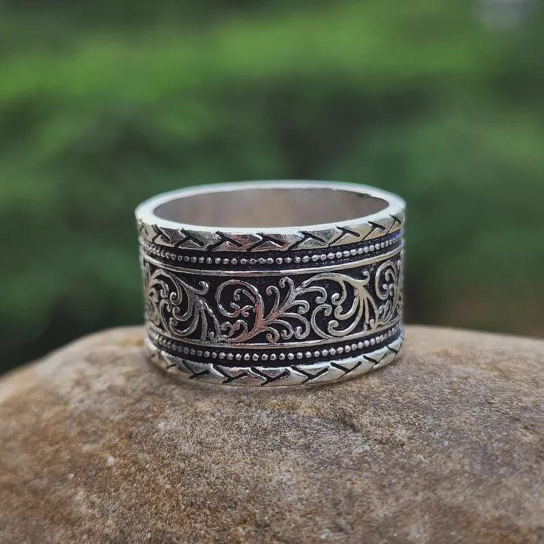 Handmade Oxidized Sterling Silver Wide Band Ring: Floral