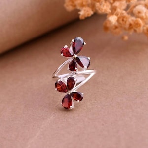 925 Sterling Silver Ring, Handmade Garnet Butterfly Ring, Silver Open Ring, Adjustable Red Gemstone Ring, Nature Inspired Statement Jewelry
