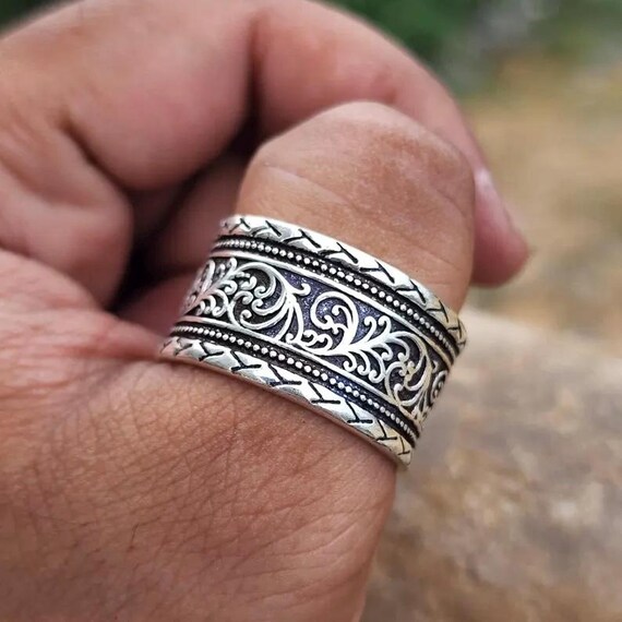 Handmade Oxidized Sterling Silver Wide Band Ring: Floral