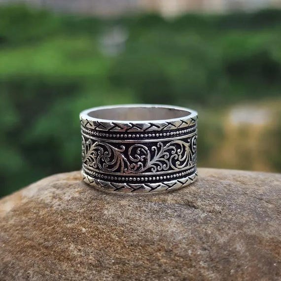 Handmade Oxidized Sterling Silver Wide Band Ring: Floral