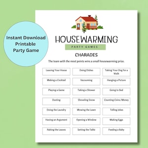 Scharade, Einweihungspartyspiele, druckbares Spiel, Einweihungsparty-Ideen, Einweihungsparty-Ideen, Umzugsparty, Einweihungsparty-Ideen