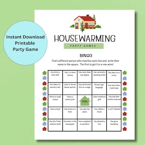 Bingo, Einweihungspartyspiele, druckbares Spiel, Einweihungsparty-Ideen, Umzugsparty, Einweihungsparty-Ideen, druckbares Spiel