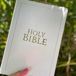 White Faux Leather Large Print Thinline KJV Bible with Matching Customized Bible Tabs!