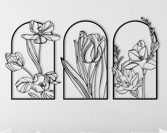 Three Flower Metal Wall Art, Modern Floral Metal Wall Decor, Minimalist Nature Design, Handmade Home and Garden Decoration Gift