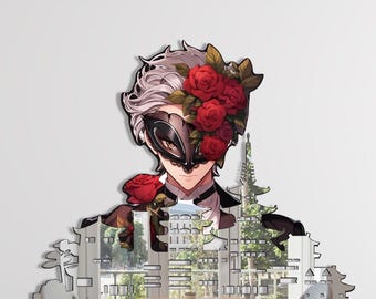 Arte murale anime, personaggio anime mascherato, arte murale con paesaggio urbano, decorazione in plexiglass con stampa UV, arazzo con paesaggio urbano fantasy, decorazione per la stanza dei gamer