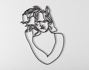 Decorazione da parete in metallo con linea artistica minimalista di una donna, silhouette di un volto femminile astratto moderno, decorazione estetica per la casa in metallo nero, arredamento moderno per la casa