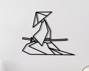 Spada da samurai, decorazione da parete in metallo con samurai giapponesi, arte lineare con samurai, decorazione moderna con samurai, decorazione da parete asiatica, arte da parete zen, decorazione in metallo