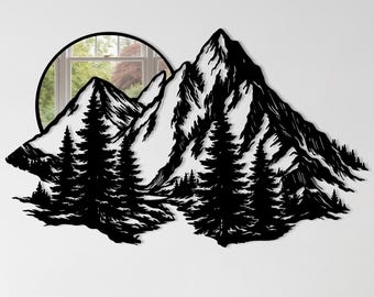 Decorazione murale in metallo raffigurante montagne con specchio in plexiglas, decorazione murale con paesaggio naturale, opera d'arte raffigurante montagne e foreste, decorazione rustica per soggiorno in baita