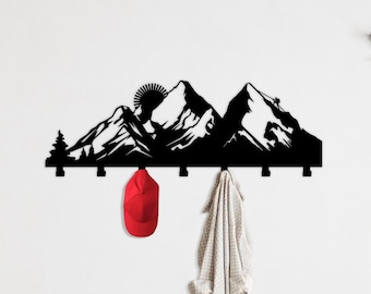 Mountain and Sun Metal Wall Hooks, Coat Rack, Entryway Wall Hanger, Modern Steel Hanger for Entryway, Cabin, Hallway & Home Decor
