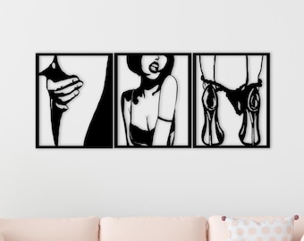 Decorazione da parete in metallo BDSM, arte lineare bondage, arte in metallo di coppia erotica, arredamento moderno per camere da letto per adulti in nero, arte da parete fetish unica