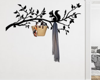 Appendiabiti da parete in metallo a forma di albero, appendiabiti con design a scoiattolo, organizer da parete rustico a tema natura, portachiavi per ingresso, gancio decorativo in metallo