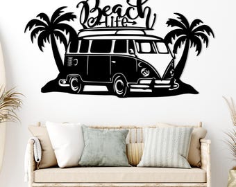 Decorazione murale in metallo a tema camper, ideale per viaggi in spiaggia, stile costiero e vita in furgone, perfetta per avventure in camper e decorazioni per la casa ispirate alla natura.