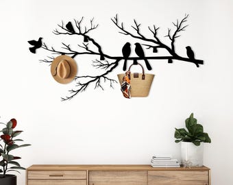 Gancio da parete in metallo a forma di ramo di uccello, attaccapanni con sagoma di albero, decorazione da parete rustica e naturale, moderno appendiabiti da parete per ingresso, regalo per gli amanti degli uccelli.