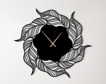 Orologio da parete in metallo con fiori, decorazione da parete floreale nera, grande orologio botanico minimalista, arte contemporanea per il soggiorno, regalo per la casa, arte da parete botanica