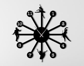 Orologio da parete moderno astratto in metallo, decorazione da parete artistica nera, orologio con figure danzanti minimaliste, grande decorazione contemporanea per soggiorno