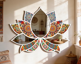 Lotus Flower Mirror Wall Art, Metal Plexi UV Print Decor, Boho Mandala Wall Mirror, Colorful Living Room Decor