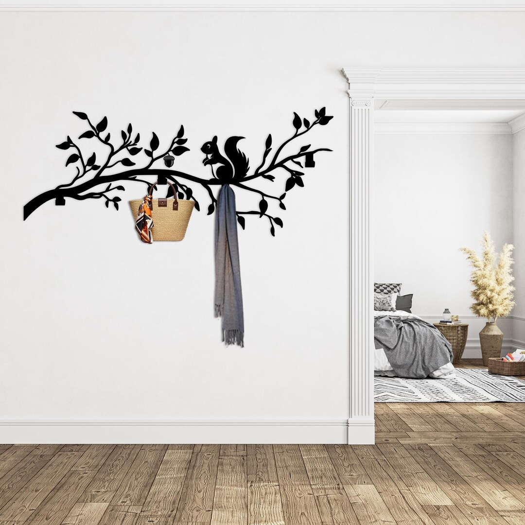 Squirrel Rack Tree Metal Wall Hook Rack, Squirrel Design Coat Hanger, Rustic Nature ...
