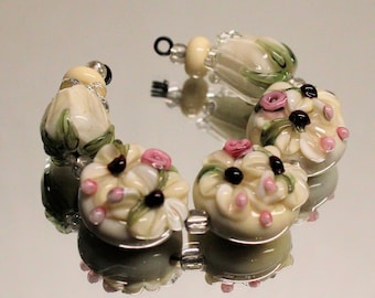 MTO Lampwork Glass Set Of 7 Lentil Beige Pink Brown