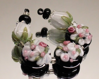 MTO Lampwork Glass Set Of 7 Lentil Black White Pink