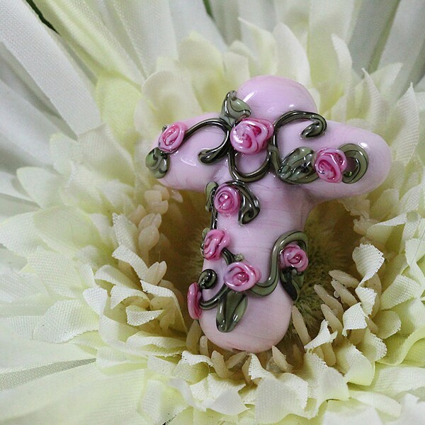 Lampwork Glass Cross Focal, Pink on Pink,  Primrose Promise