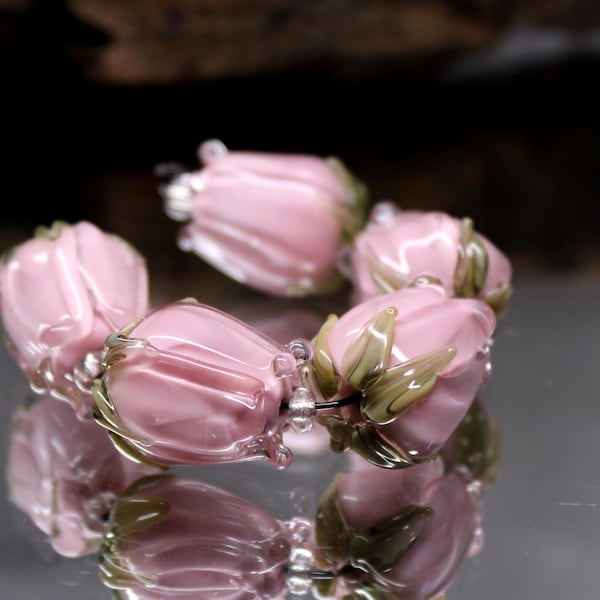 MTO Lampwork Glass Set Of 5 Rosebuds Pastel Pink