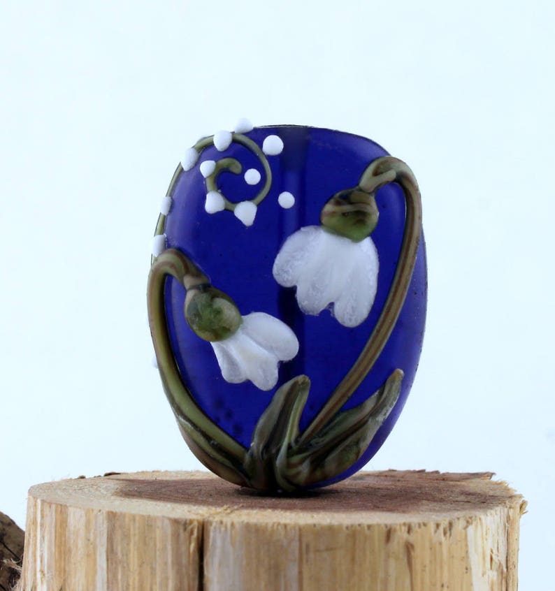 Lampwork Glass Blue Focal White Snowdrops