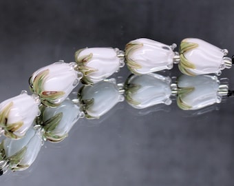 MTO Lampwork Glass Set Of 5 White Rose Buds