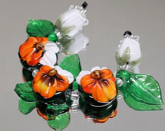 Lampwork Glass Set Of Orange and White Pansy