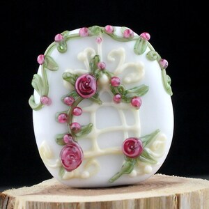 Lampwork Glass Focal Decorated Birdcage White Pink image 1