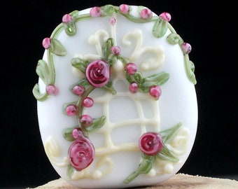 Lampwork Glass Focal Decorated Birdcage White Pink
