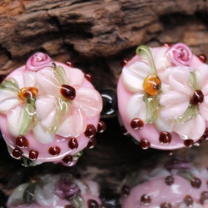 Lampwork Glass Pair Lentil Pink White Brown FLoral