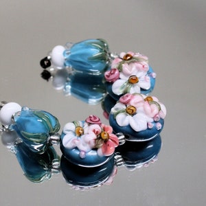 MTO Lampwork Glass Set Of Blue White Pink Floral Beads