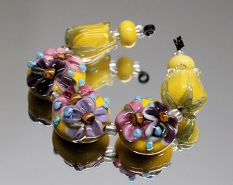 Lampwork Glass Set Of Yellow Purple Pink Aqua