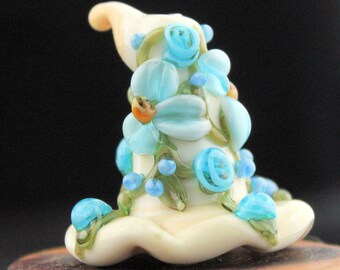 Lampwork Glass Floral Focal Witch Hat Aqua