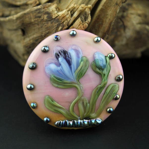Lampwork Glass Focal Blue Floral Silvered Glass Pink