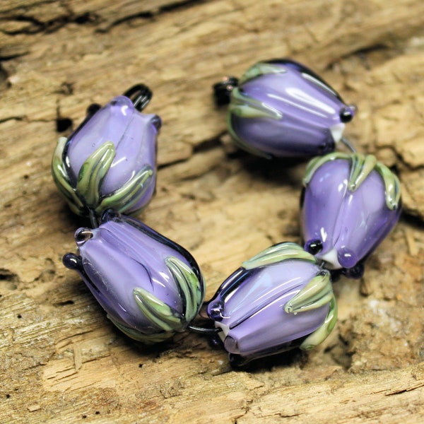 MTO Lampwork Glass Set Of 5 Violet Purple Rose Buds