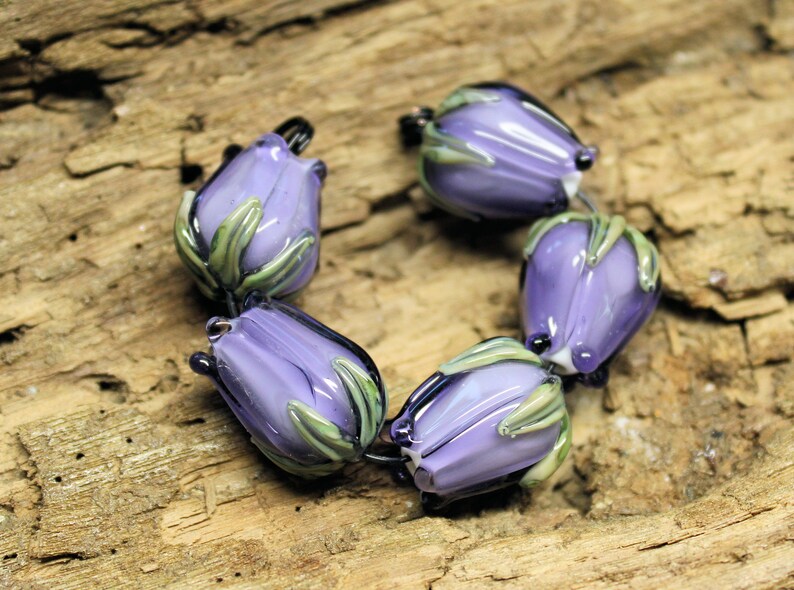 MTO Lampwork Glass Set Of 5 Violet Purple Rose Buds image 1