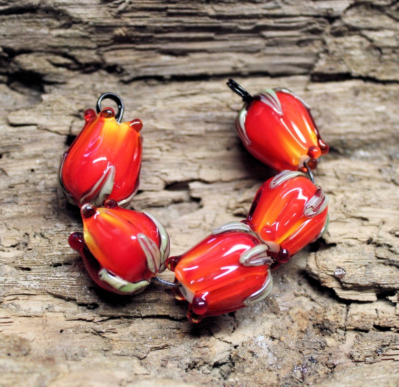 MTO Lampwork Glass Set Of 5 Red Rose Buds image 1